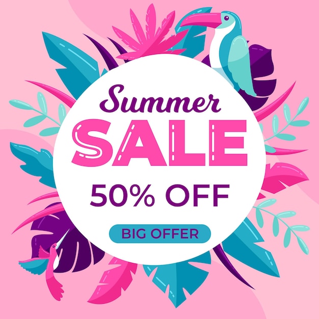 Free vector colorful big summer sale with leaves and bird