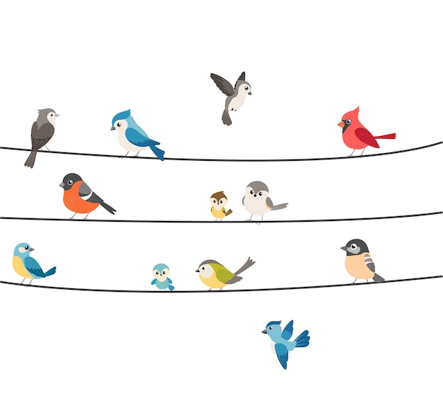 Colorful birds sitting on wire