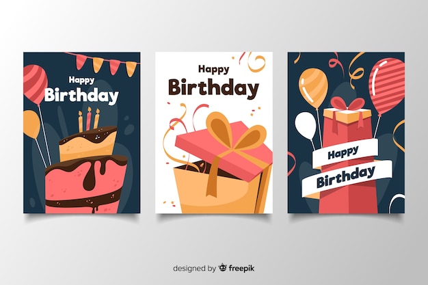 フラットなデザインのカラフルな誕生日カードパック