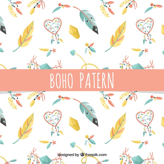 colorful boho pattern with flat feathers