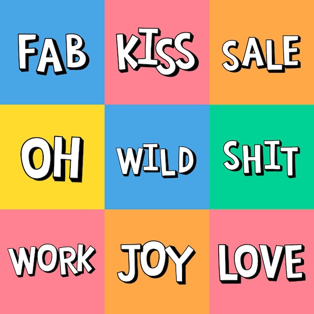 Free vector colorful bold comic words shadow typography vector