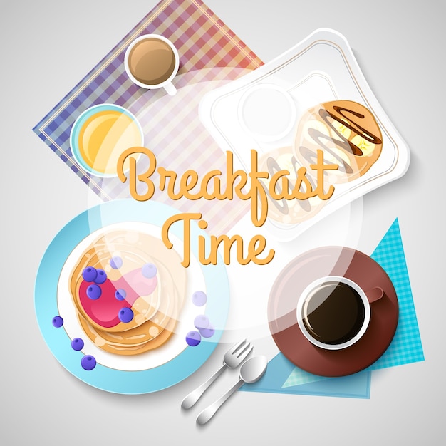 Colorful breakfast template with traditional tasty meals desserts and hot drinks on light illustration