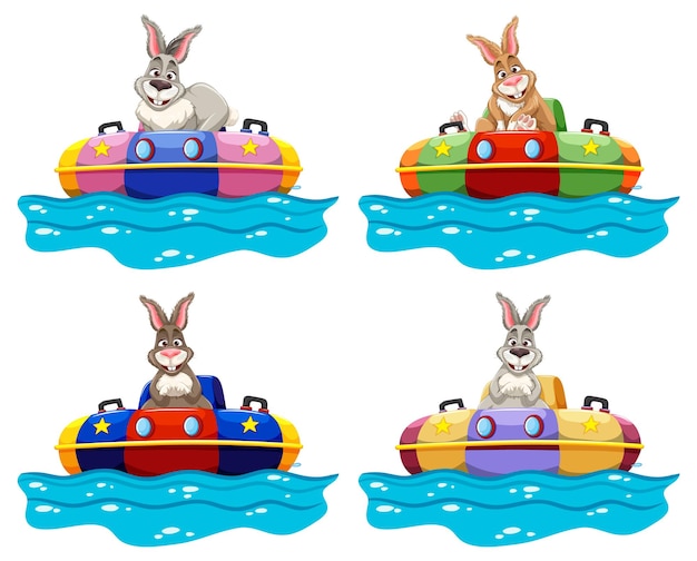 Free vector colorful bumper boats with cartoon rabbits