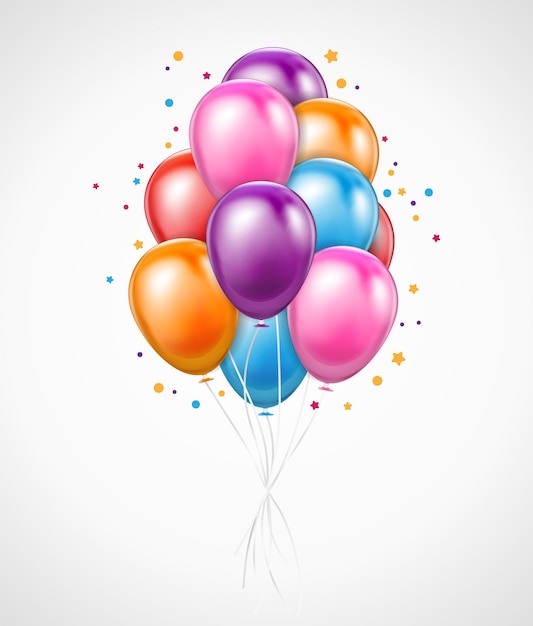 Vettore gratuito mazzo variopinto di aerostati di compleanno di volo per l'illustrazione realistica di vettore del fondo di feste e celebrazioni