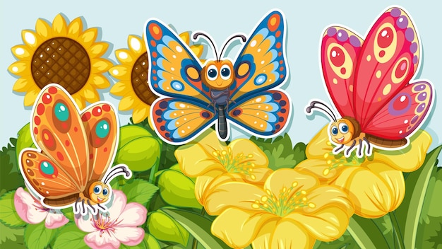 Free Vector colorful butterflies in a sunny garden