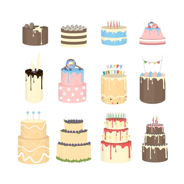 Free vector colorful cakes set different pastry for holidays