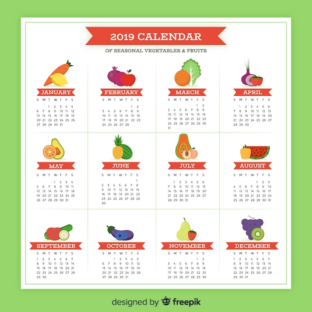 Colorful calendar of seasonal vegetables and fruits