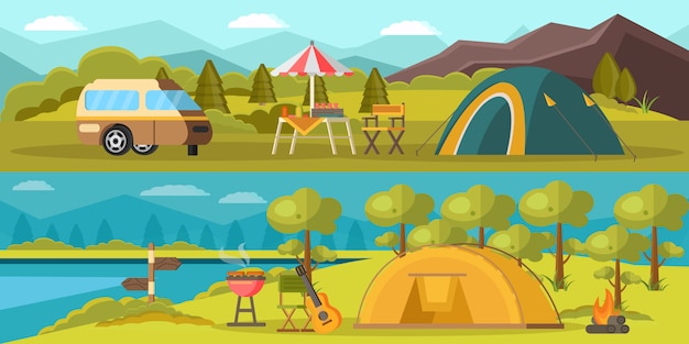 Free vector colorful camping horizontal banners