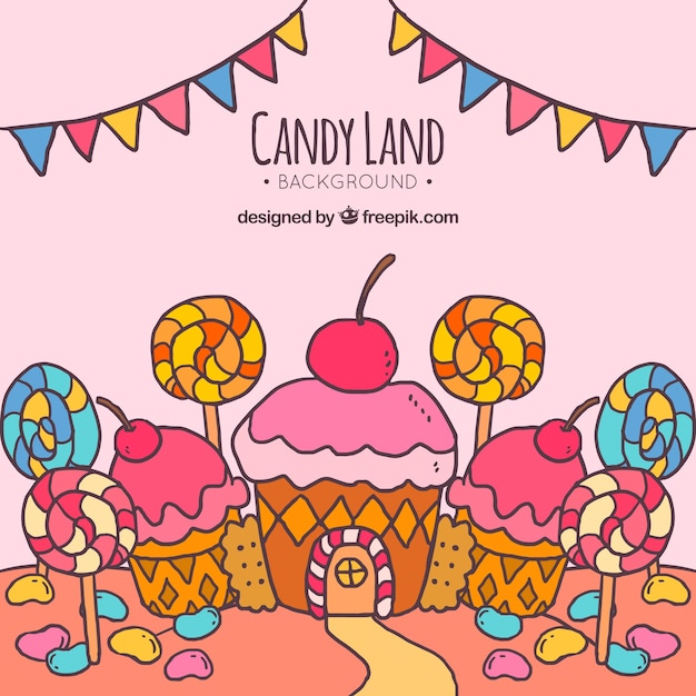 Colorful candy land background in hand drawn style