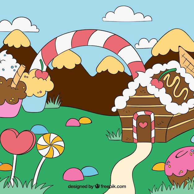 Free vector colorful candy land background in hand drawn style