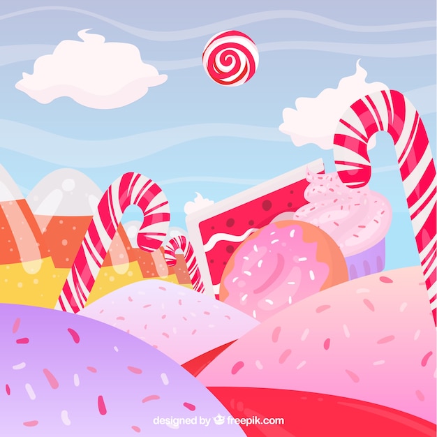 Free vector colorful candy land background in hand drawn style