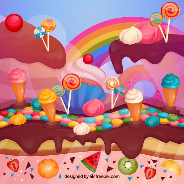 Free vector colorful candy land background in hand drawn style