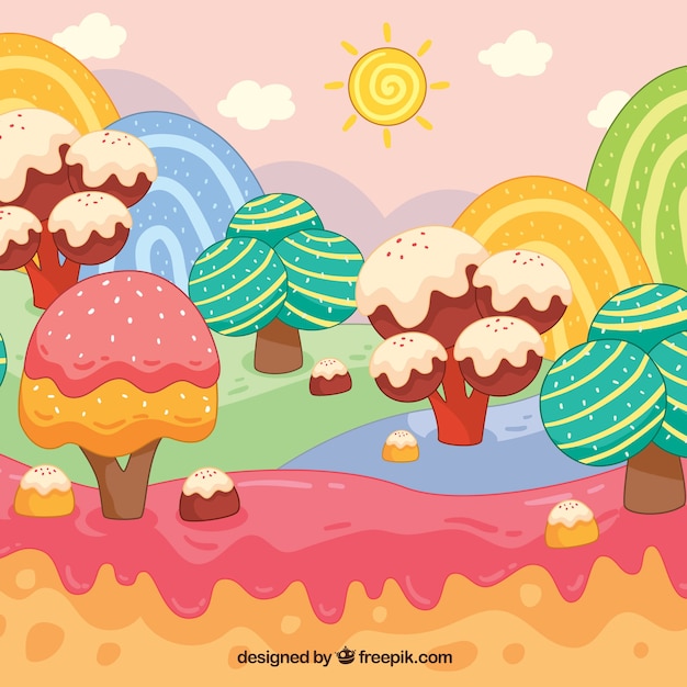 colorful candy land background in hand drawn style