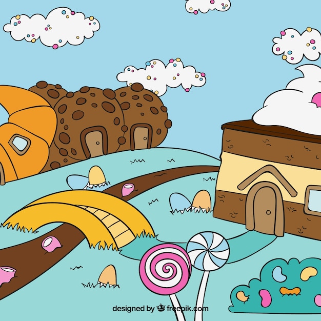 Colorful candy land background in hand drawn style