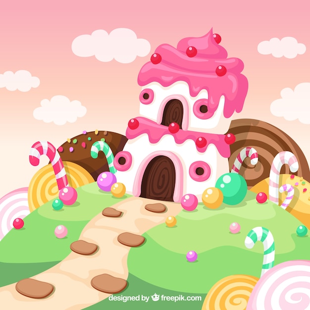 Free vector colorful candy land background in hand drawn style
