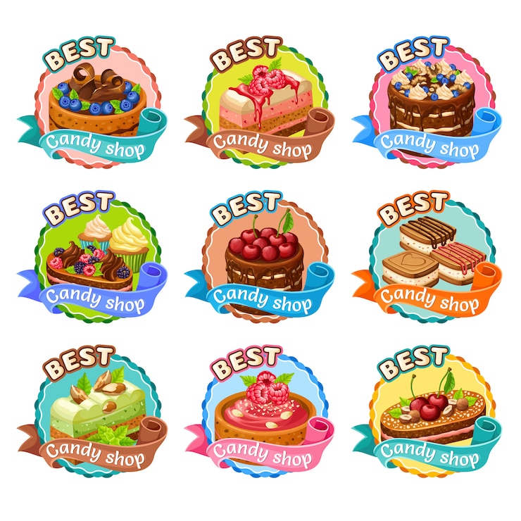 Free Vector colorful candy shop stickers set