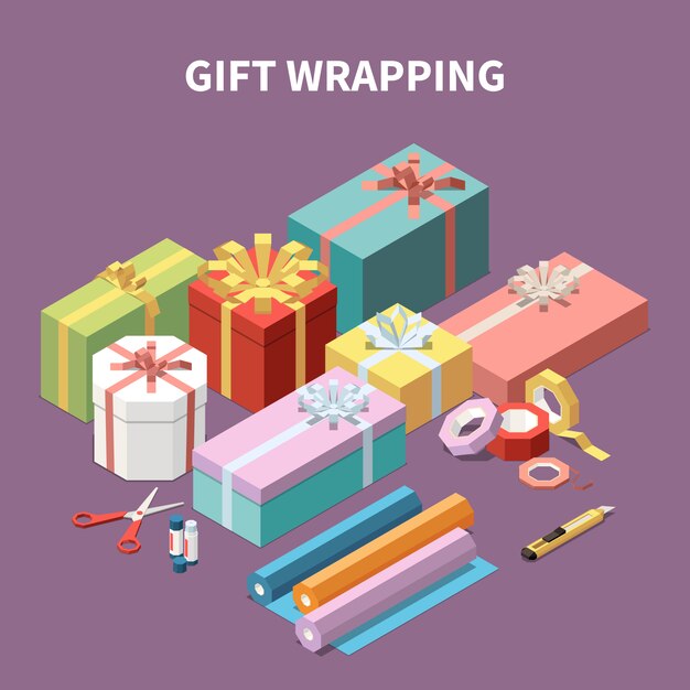 Free vector colorful cardboard gift boxes and tools for wrapping isometric composition 3d vector illustration