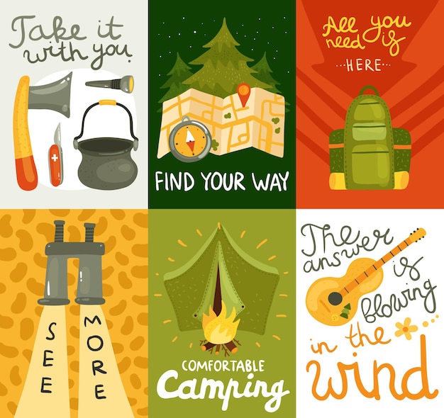 Free vector colorful cards set with equipment for comfortable camping on colorful background flat isolated vector illustration