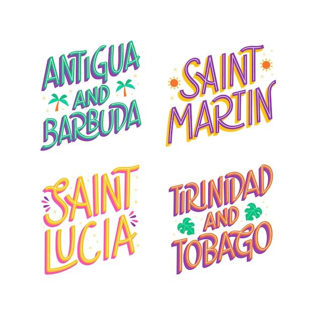 Free vector colorful caribbean places lettering set
