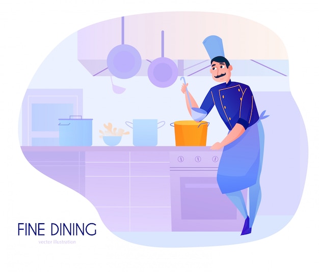 Красочная мультипликационная композиция с мужским поваром, дегустирующим суп в кухне ресторана