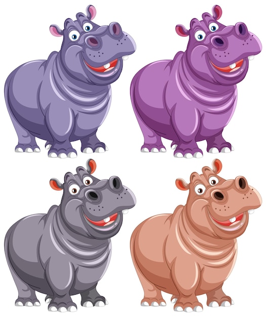 Free vector colorful cartoon hippopotamus characters