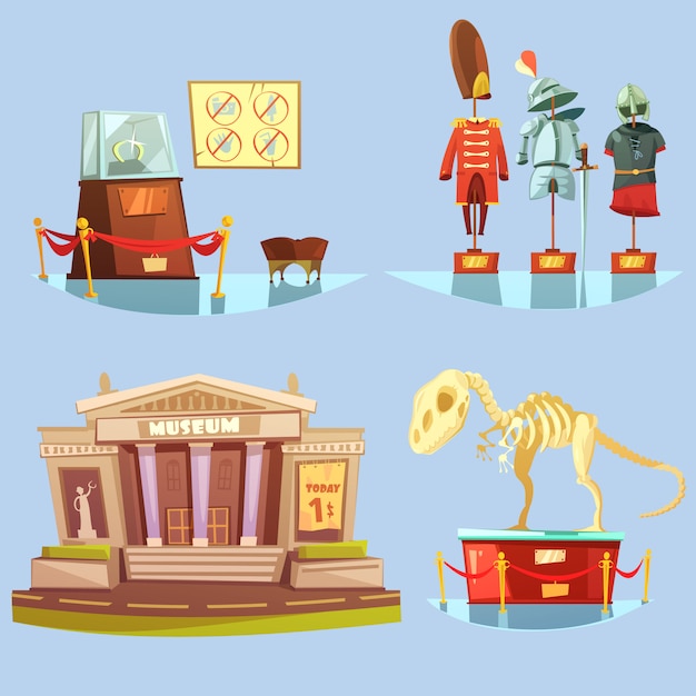 Free vector colorful cartoon museum card set