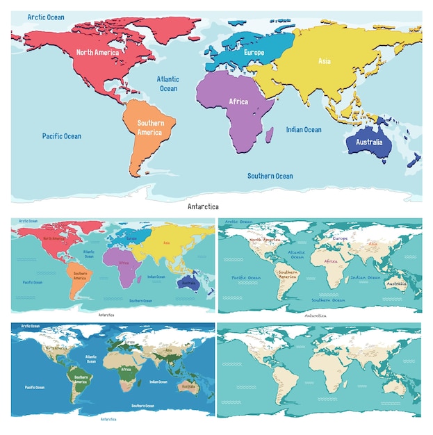 Colorful Cartoon World Map Divided by Continents