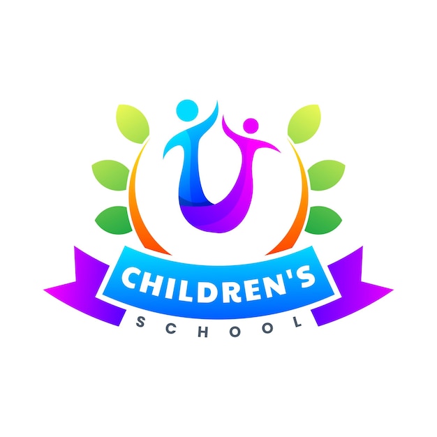 カラフルな子供たちの学校アイコンのロゴデザイン