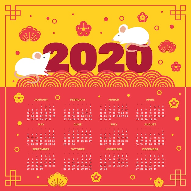 Calendario cinese variopinto del nuovo anno nella progettazione piana