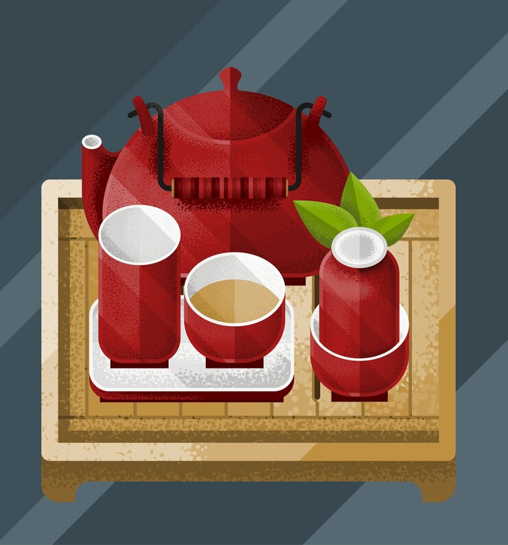 Free Vector colorful chinese tea table illustration with green leaf red kettle and pairs