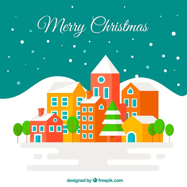 Colorful christmas city background in flat design