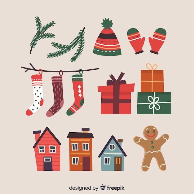 Colorful christmas element collection with flat design