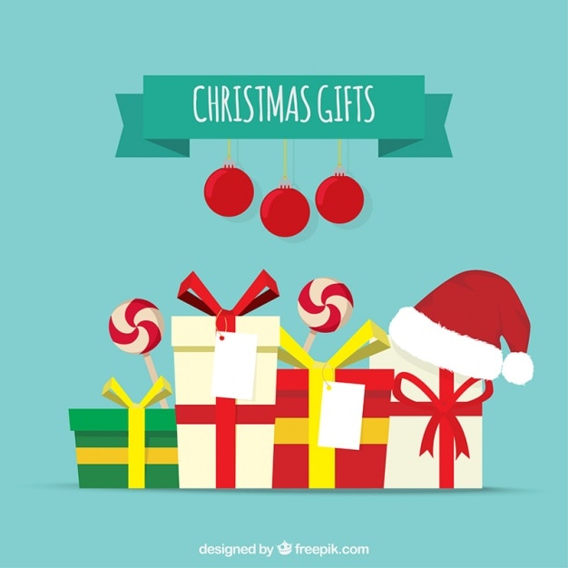 Free vector colorful christmas gifts with lollipops and santa hat