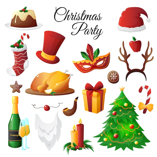 Colorful christmas and new year symbols party set isolated on white background