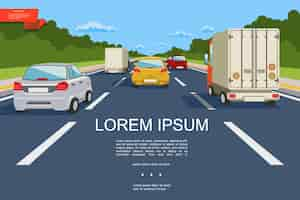 Vettore gratuito modello di trasporto città colorata con auto e camion che si muovono su strada in stile piano