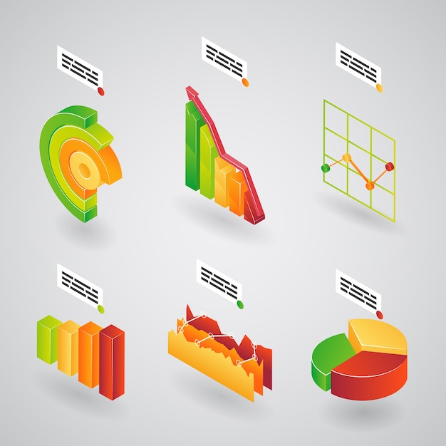 Colorful collection of 3d analytical charts  bar graphs and pie graphs for infographics orientated at an angle  vector illustration