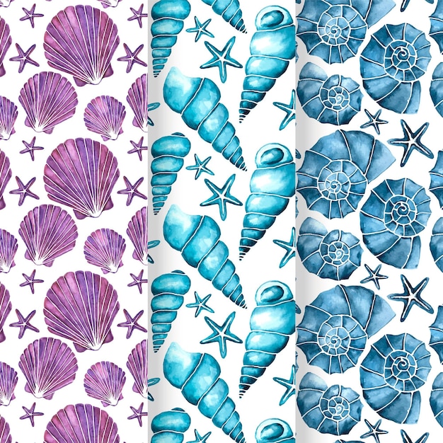 Colorful collection of seamless seashell patterns