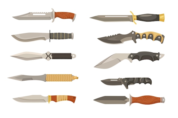 다채로운 전투 칼이나 단검 만화 그림 세트. 전사 블레이드, 사냥 또는 군용 칼, 강철 칼, 스테인리스 마체테 또는 잭나이프가 흰색 배경에 있습니다. 무기, 보호 개념