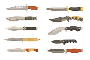 Бесплатное векторное изображение Набор красочных боевых ножей или кинжалов. клинки воина, охотничьи или военные ножи, стальные мечи, мачете из нержавеющей стали или складной нож на белом фоне. оружие, концепция защиты