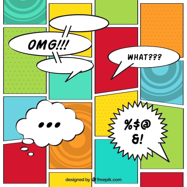 Colorful comic vignettes with speech balloons