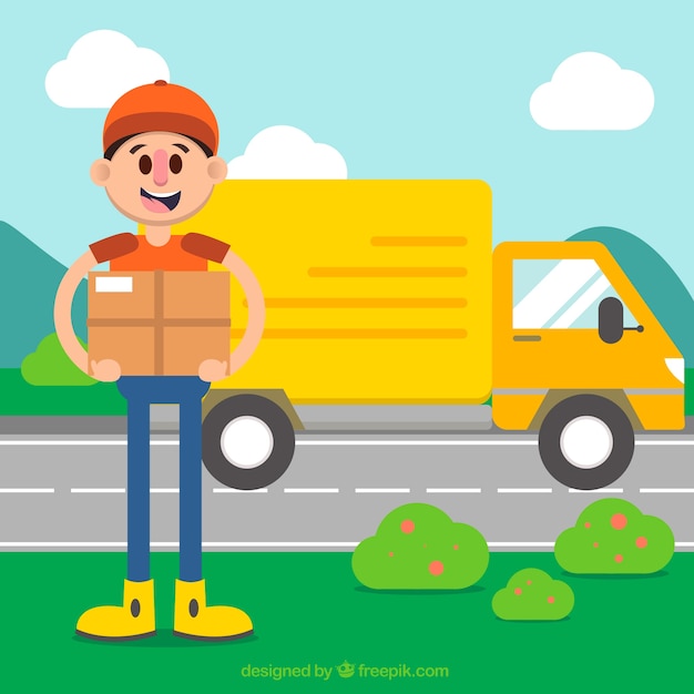 Free vector colorful compostion with deliveryman and truck