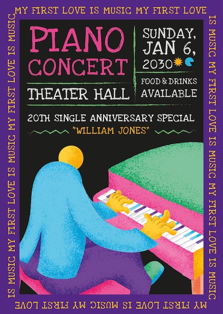 Free vector colorful concert poster template with pianist musician flat graphic