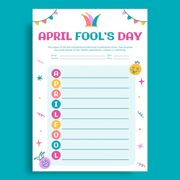 Colorful creative april fools' day acrostic poem worksheet template