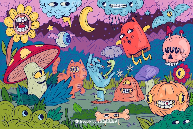 Colorful and creepy creatures illustration background