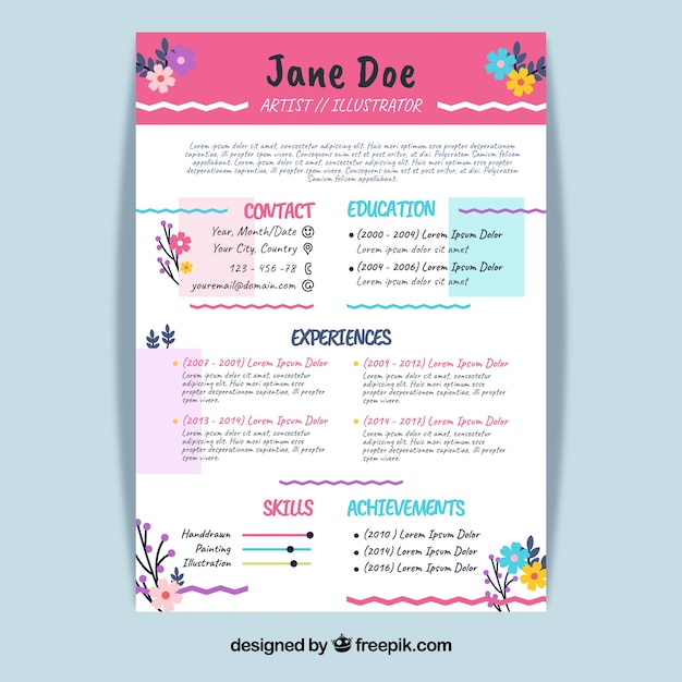 Free vector colorful curriculum template with flowers
