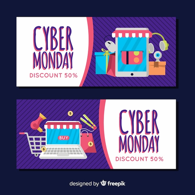 Colorful cyber monday banners with flat design