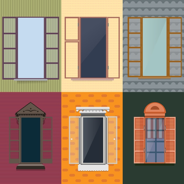 Free vector colorful decorative opened windows set