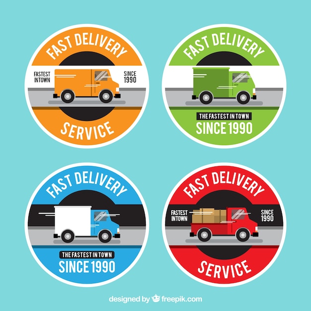 Free vector colorful delivery labels with trucks