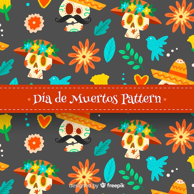 Vettore gratuito collezione di modelli colorati di de muertos con design piatto