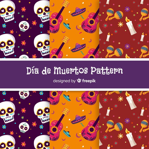 Colorful día de muertos pattern collection with flat design